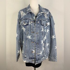Star Print Distressed Denim Jacket – Size L
Oversized • Vintage Wash
